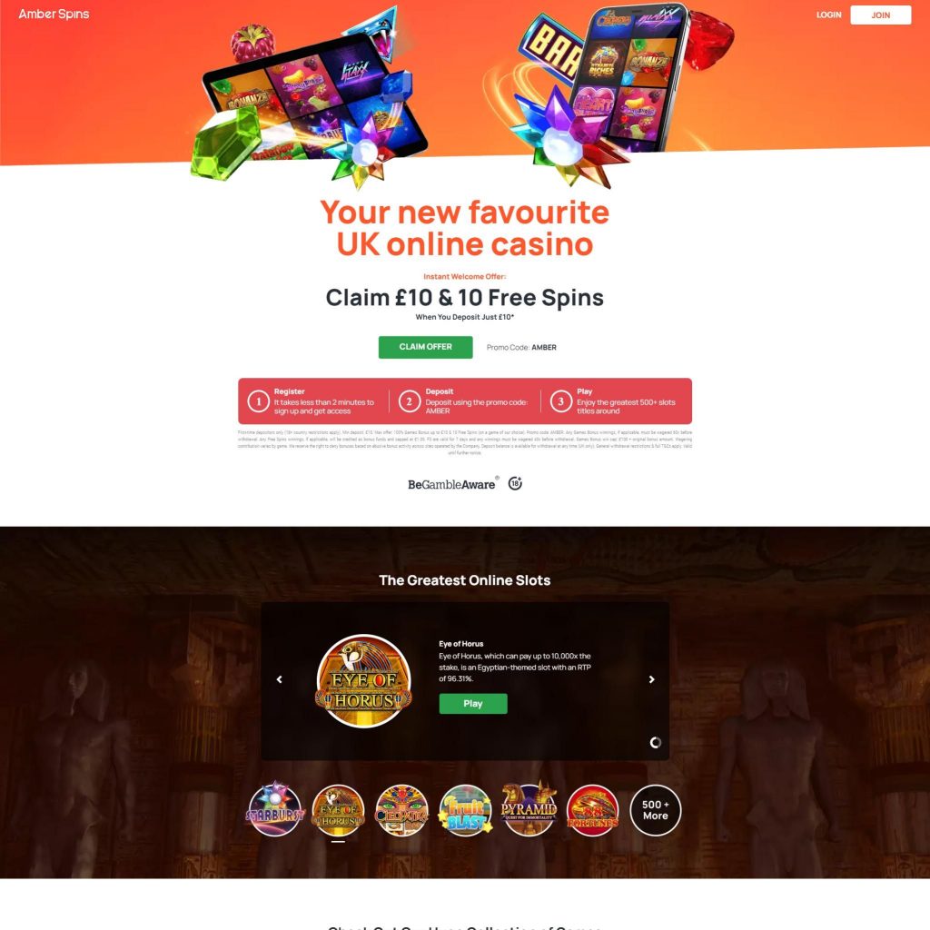 So sieht die offizielle Amber Spins Casino Website aus
